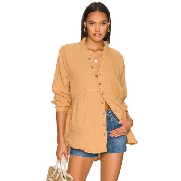FREE PEOPLE We the Free Summer Daydream Frayed Button Down Shirt Taupe Size S NE - Picture 1 of 10